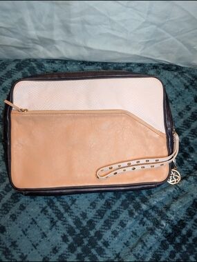 DKNY Leather Wristlet Clutch in Beige, Cream and Navy